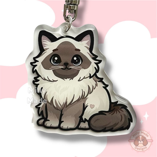 Blue Point Ragdoll Himalayan Cat Acrylic Keychain with Epoxy Resin | Easy-Clip, Cute Cat Cartoon, Hand-Drawn Design, Cat Lover Gift