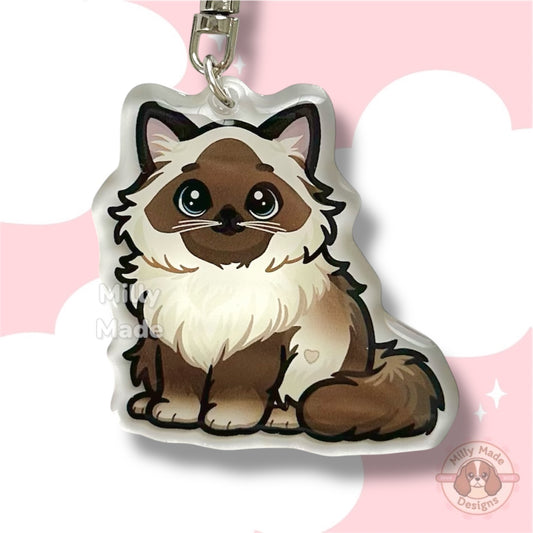 Seal Point Ragdoll Himalayan Cat Acrylic Keychain with Epoxy Resin | Easy-Clip, Cute Cat Cartoon, Hand-Drawn Design, Cat Lover Gift