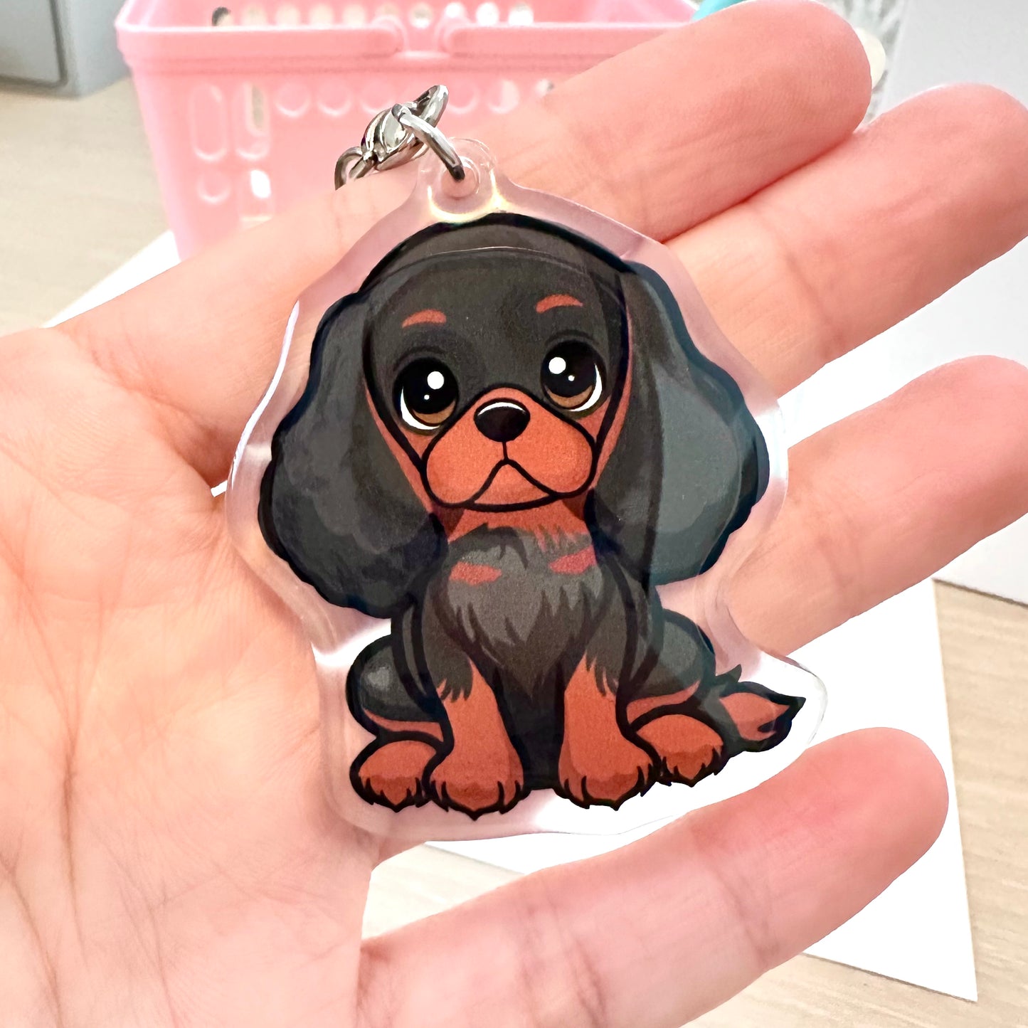 Black and Tan Cavalier King Charles Spaniel Acrylic Dog Keychain with Epoxy Resin | Easy-Clip, Cute Dog Cartoon, Hand-Drawn Design, Dog Lover Gift
