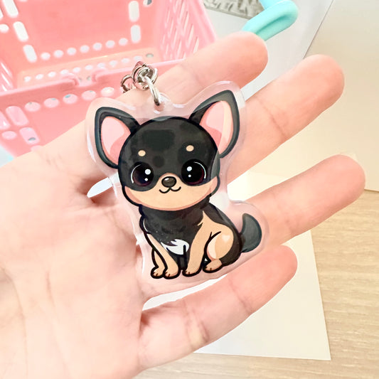 Black and Tan Chihuahua Acrylic Dog Keychain with Epoxy Resin | Easy-Clip, Cute Dog Cartoon, Hand-Drawn Design, Dog Lover Gift