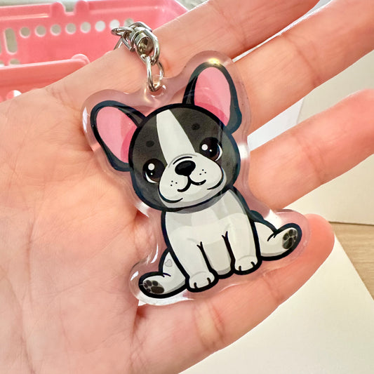 Black Pied French Bulldog Frenchie Acrylic Dog Keychain with Epoxy Resin | Easy-Clip, Cute Dog Cartoon, Hand-Drawn Design, Dog Lover Gift