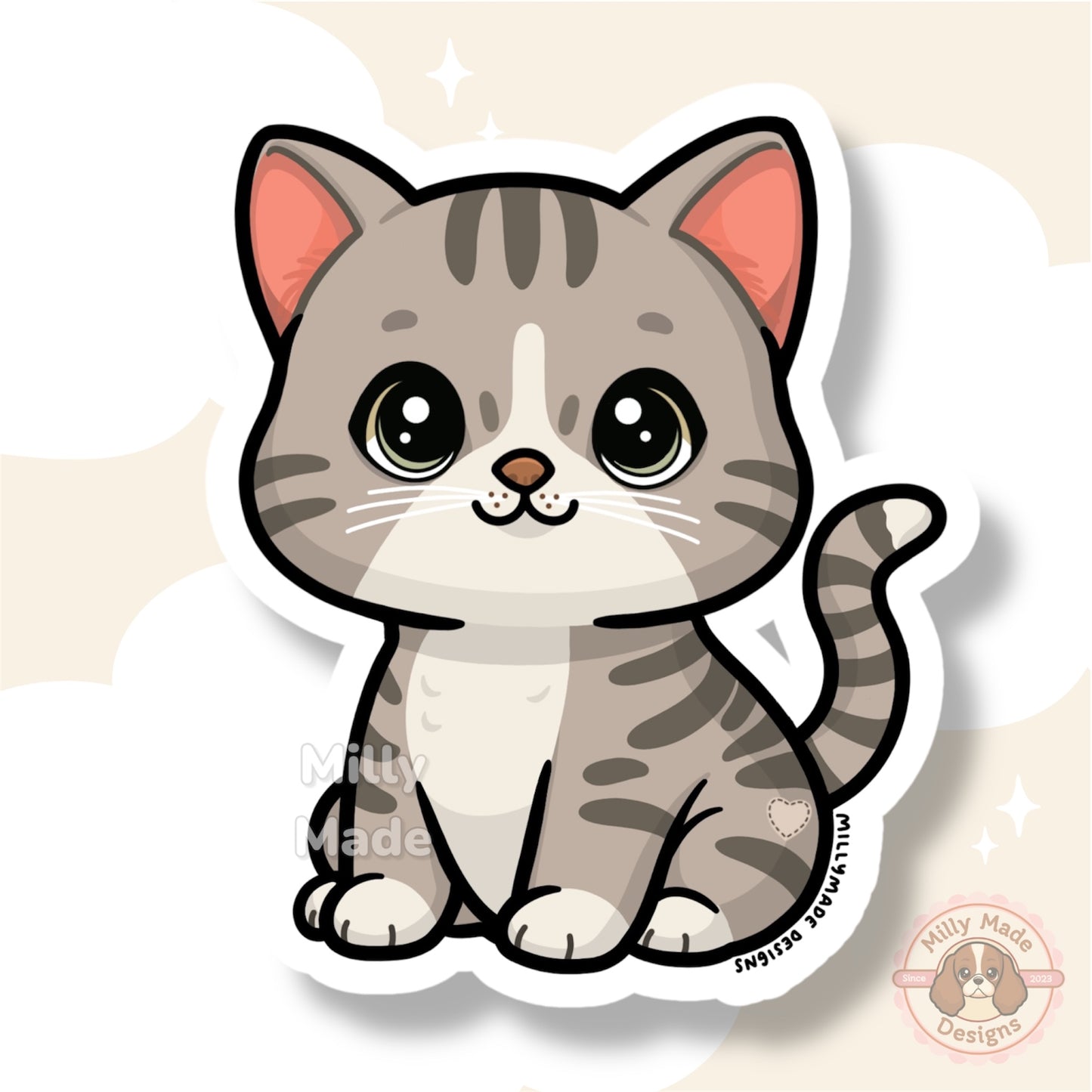 Light Gray Silver Shorthaired Tabby Cat Sticker | Cute Cartoon Vinyl Decal | Durable | For Laptops, Journals | Cat Lover Gift