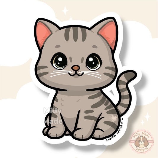 Light Gray Silver Shorthaired Tabby Cat Sticker | Cute Cartoon Vinyl Decal | Durable | For Laptops, Journals | Cat Lover Gift