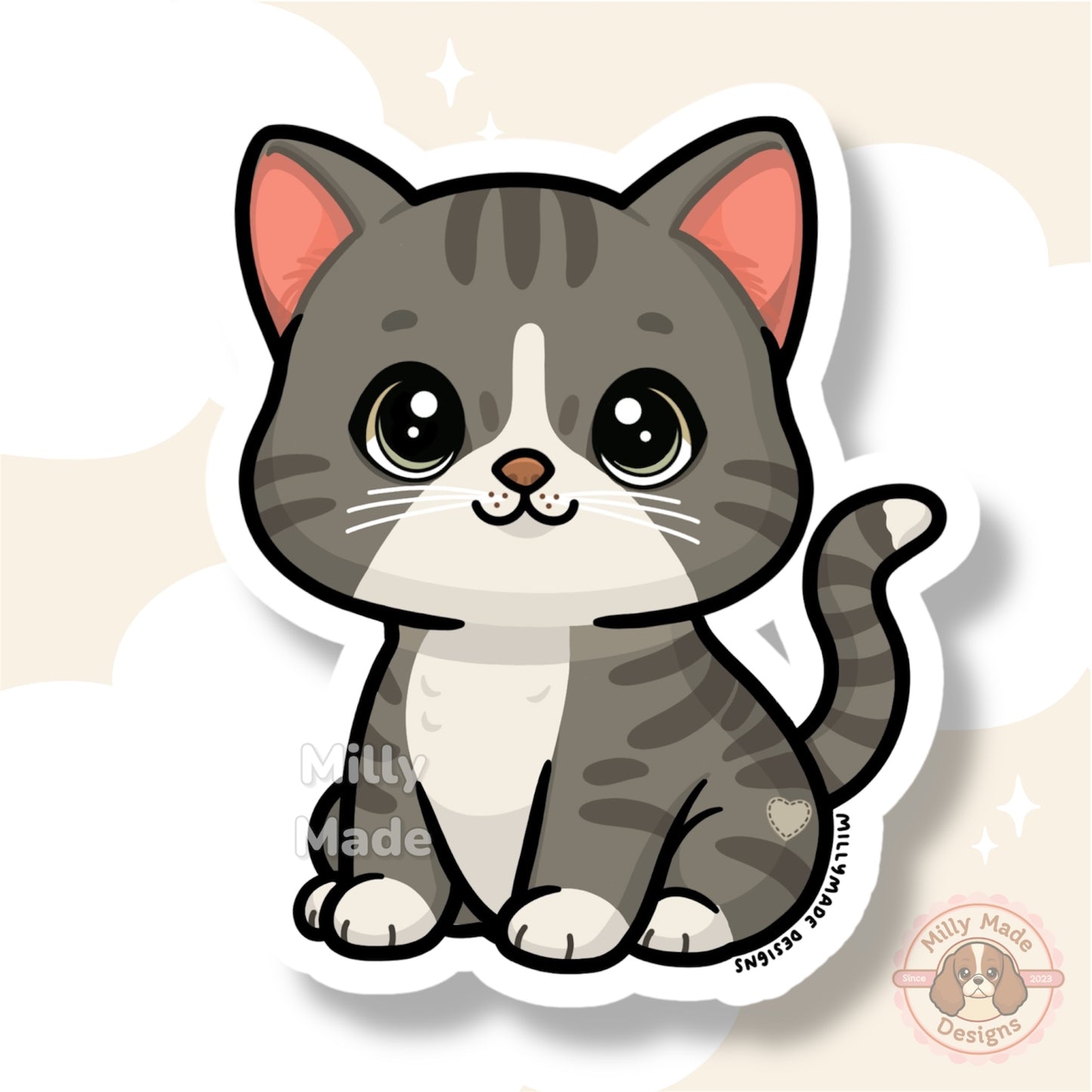 Dark Smoky Gray Shorthaired Tabby Cat Sticker | Cute Cartoon Vinyl Decal | Durable | For Laptops, Journals | Cat Lover Gift