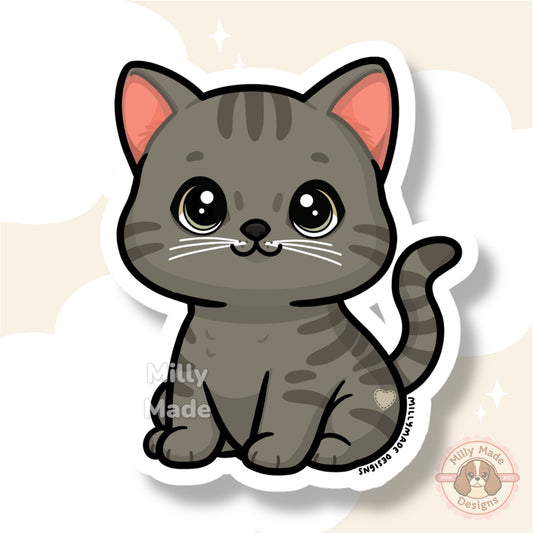 Dark Smoky Gray Shorthaired Tabby Cat Sticker | Cute Cartoon Vinyl Decal | Durable | For Laptops, Journals | Cat Lover Gift