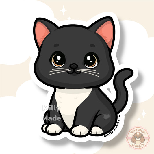 Black Shorthaired Tuxedo Cat Sticker | Cute Cartoon Vinyl Decal | Durable | For Laptops, Journals | Cat Lover Gift