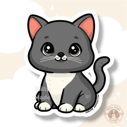 Gray Shorthaired Tuxedo Cat Sticker | Cute Cartoon Vinyl Decal | Durable | For Laptops, Journals | Cat Lover Gift