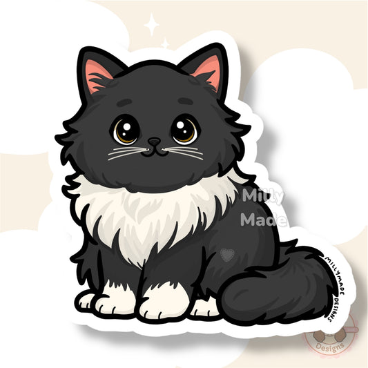 Black Longhaired Tuxedo Cat Sticker | Cute Cartoon Vinyl Decal | Durable | For Laptops, Journals | Cat Lover Gift