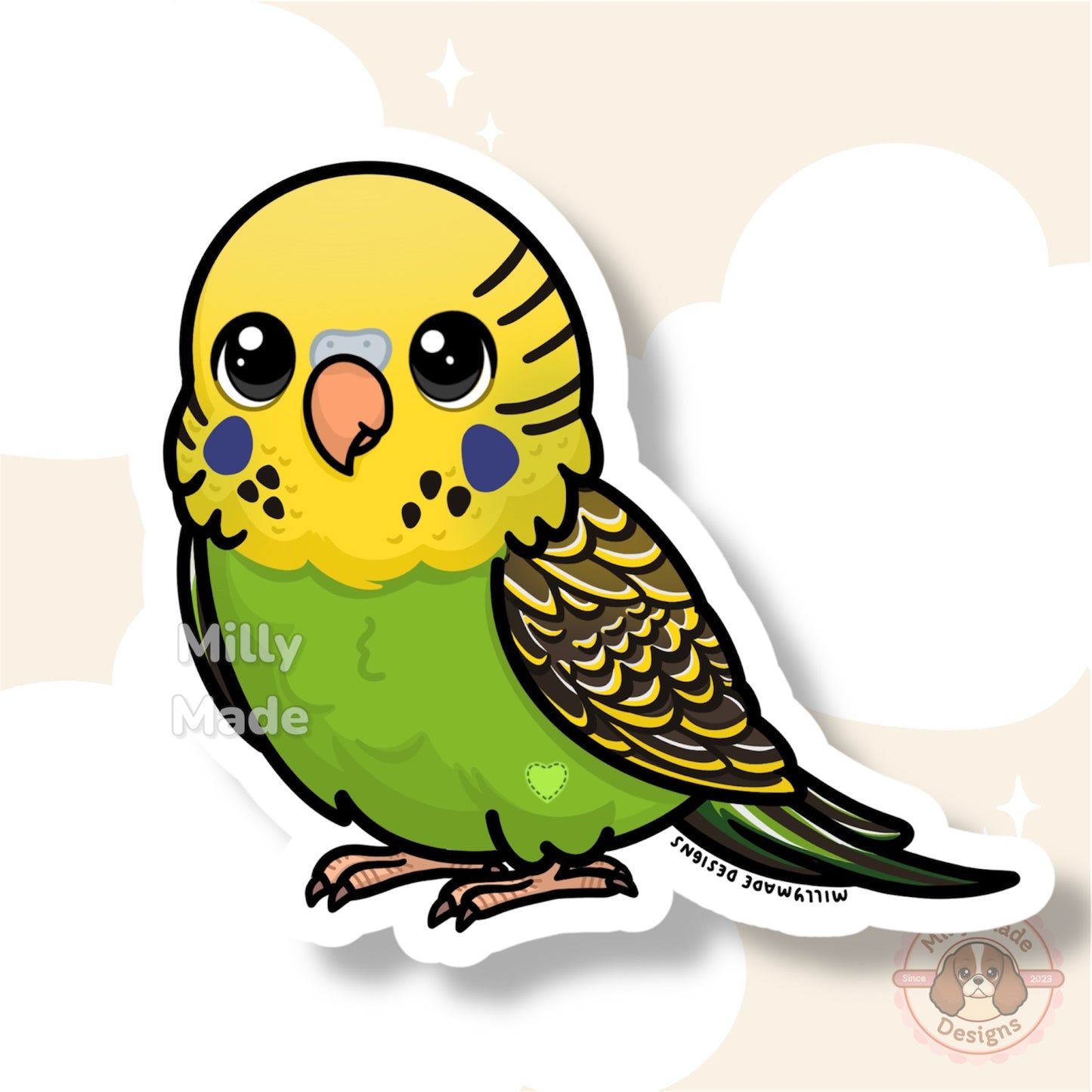 Green Yellow Budgerigar Parakeet Sticker | Cute Cartoon Vinyl Decal | Durable | For Laptops, Journals | Bird Lover Gift