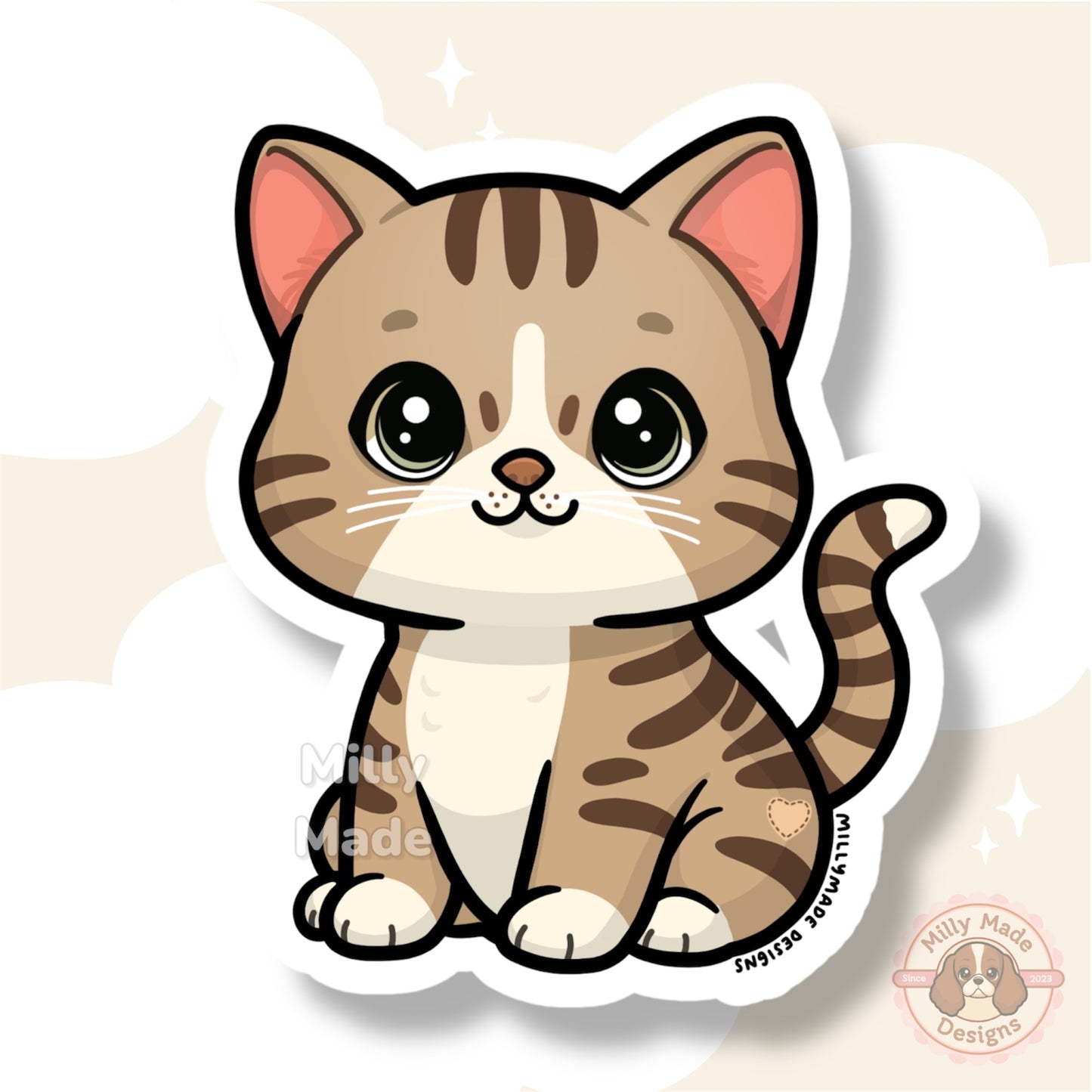 Brown Shorthaired Tabby Cat Sticker | Cute Cartoon Vinyl Decal | Durable | For Laptops, Journals | Cat Lover Gift