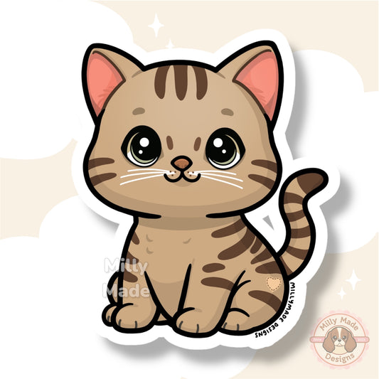 Brown Shorthaired Tabby Cat Sticker | Cute Cartoon Vinyl Decal | Durable, | For Laptops, Journals | Cat Lover Gift