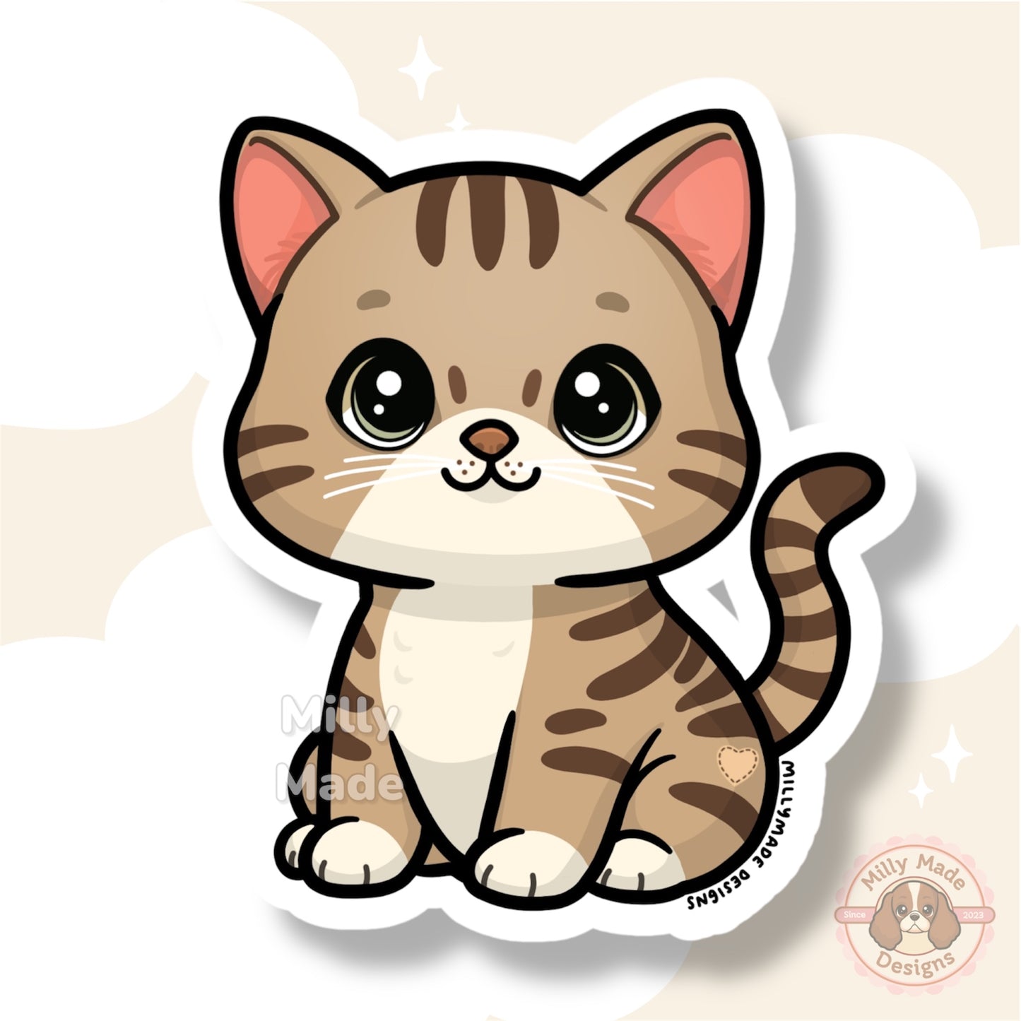 Brown Shorthaired Tabby Cat Sticker | Cute Cartoon Vinyl Decal | Durable, | For Laptops, Journals | Cat Lover Gift