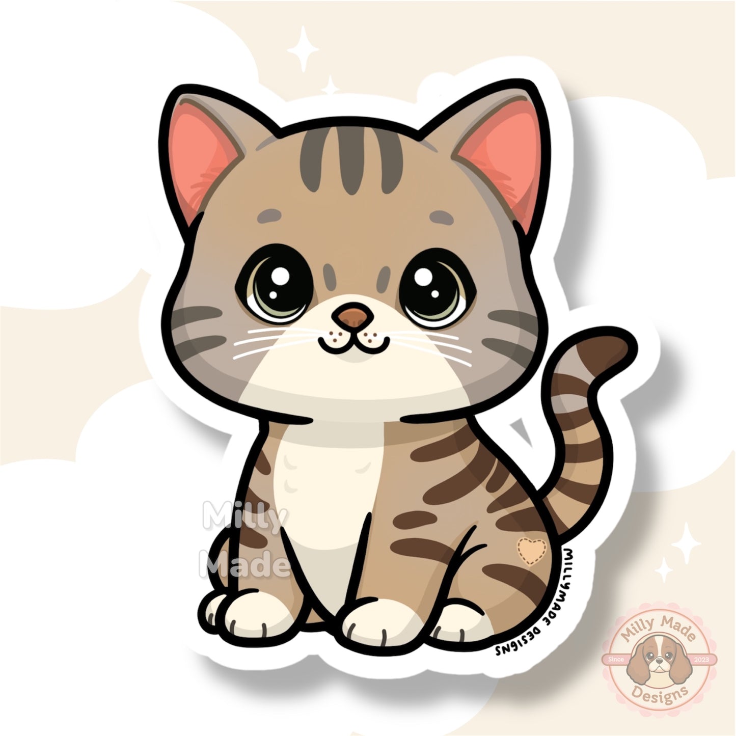 Brown Gray Shorthaired Tabby Cat Sticker | Cute Cartoon Vinyl Decal | Durable | For Laptops, Journals | Cat Lover Gift