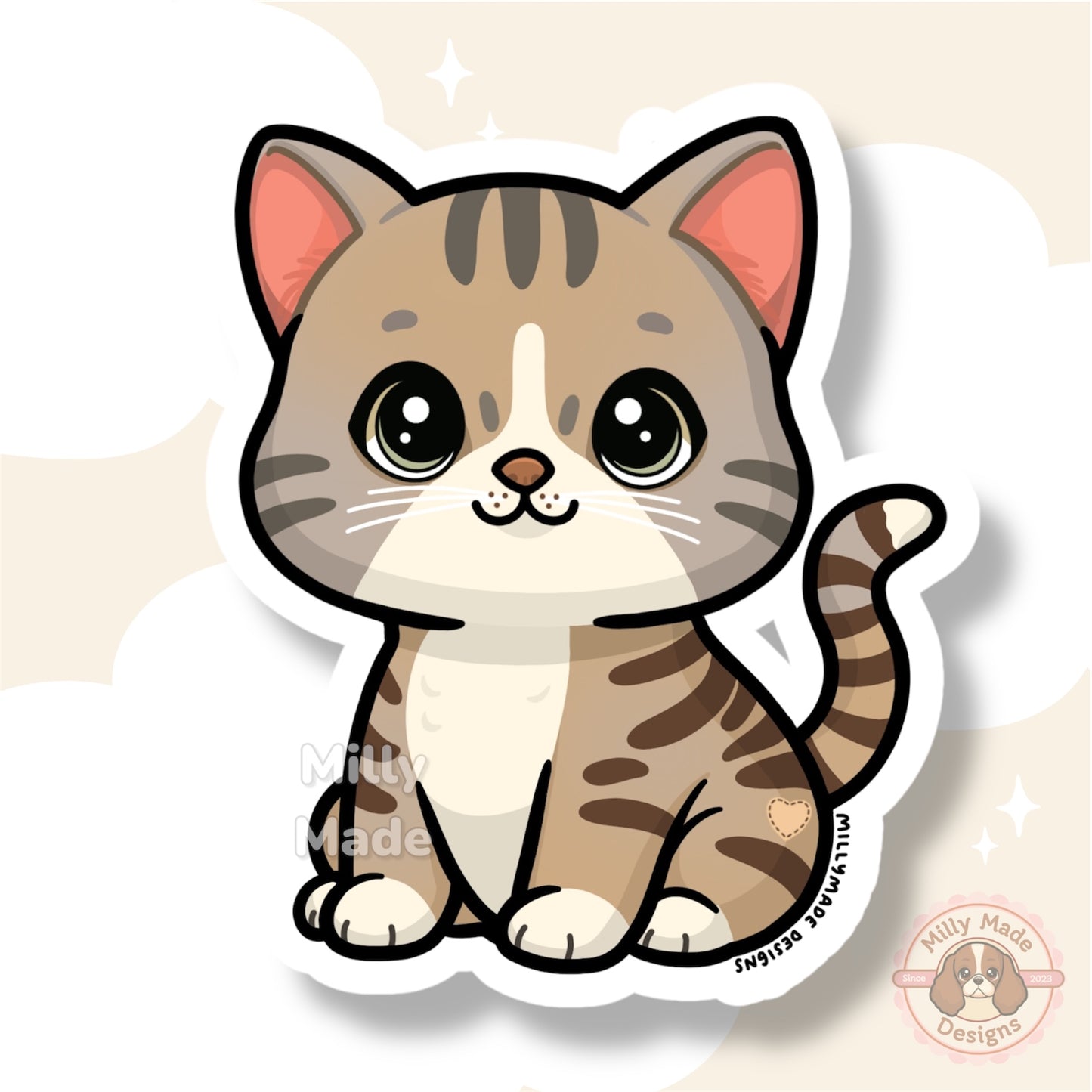 Brown Gray Shorthaired Tabby Cat Sticker | Cute Cartoon Vinyl Decal | Durable | For Laptops, Journals | Cat Lover Gift
