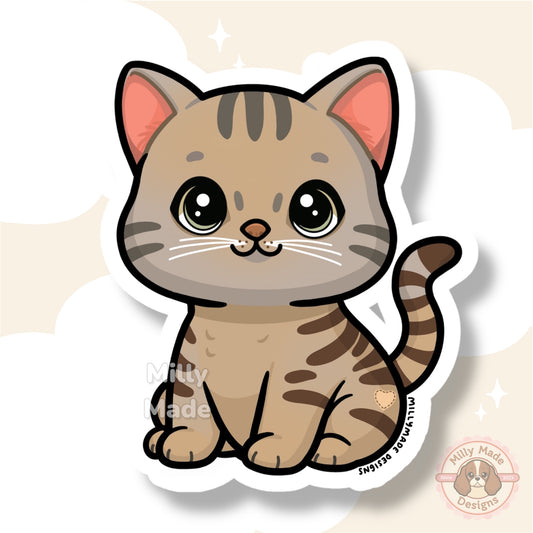 Brown Gray Shorthaired Tabby Cat Sticker | Cute Cartoon Vinyl Decal | Durable | For Laptops, Journals | Cat Lover Gift