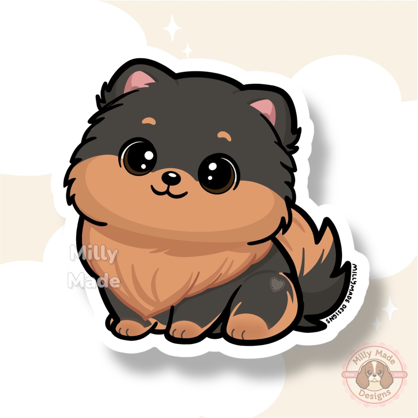 Black and Tan Pomeranian Dog Sticker | Cute Cartoon Vinyl Decal | Durable | For Laptops, Journals | Dog Lover Gift