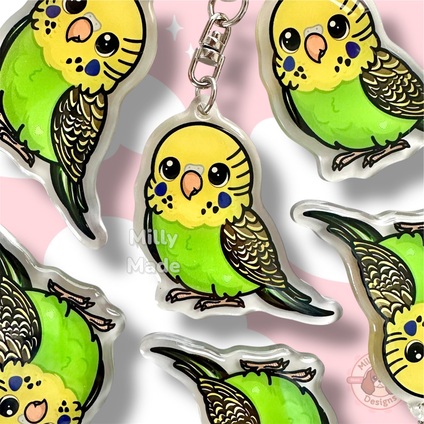 Green & Yellow Budgerigar Parakeet Acrylic Bird Keychain with Epoxy Resin | Easy-Clip, Cute Budgie Cartoon, Hand-Drawn Design, Bird Lover Gift