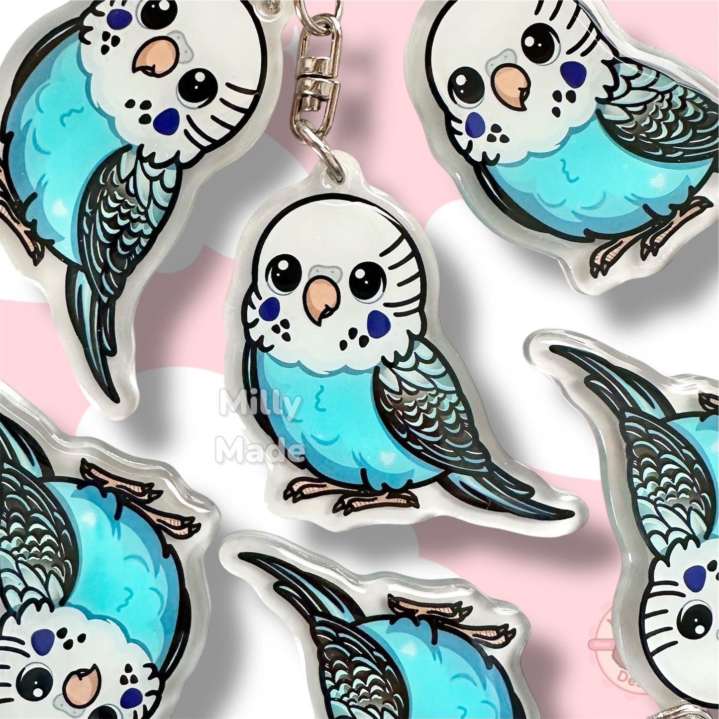 Sky Blue Budgerigar Parakeet Acrylic Bird Keychain with Epoxy Resin | Easy-Clip, Cute Budgie Cartoon, Hand-Drawn Design, Bird Lover Gift