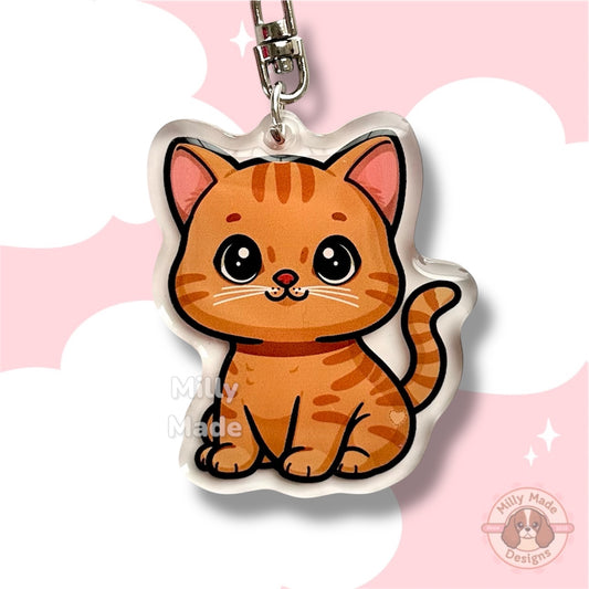 Orange Shorthaired Tabby Cat Acrylic Keychain with Epoxy Resin | Easy-Clip, Cute Cat Cartoon, Hand-Drawn Design, Cat Lover Gift