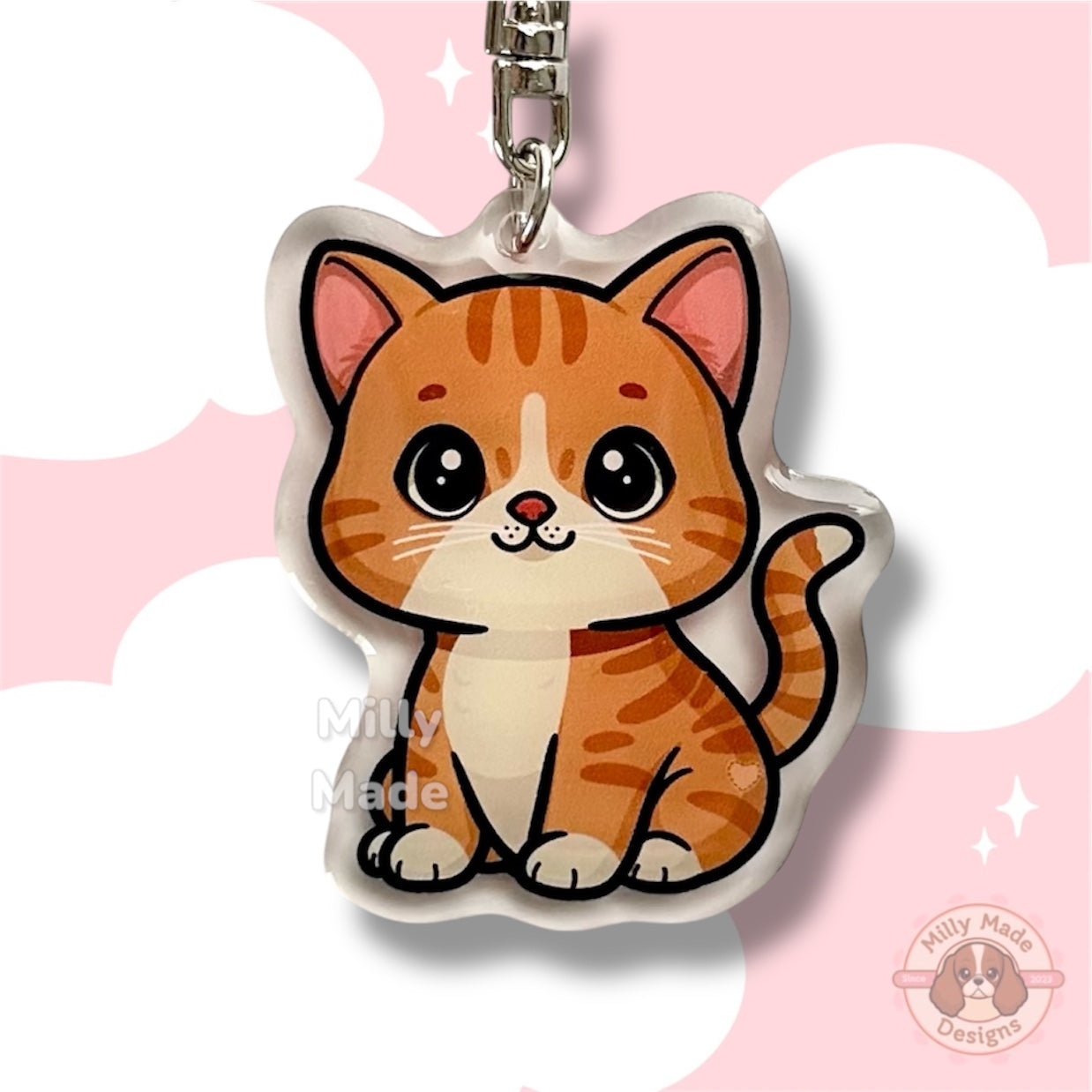 Orange Shorthaired Tabby Cat Acrylic Keychain with Epoxy Resin | Easy-Clip, Cute Cat Cartoon, Hand-Drawn Design, Cat Lover Gift