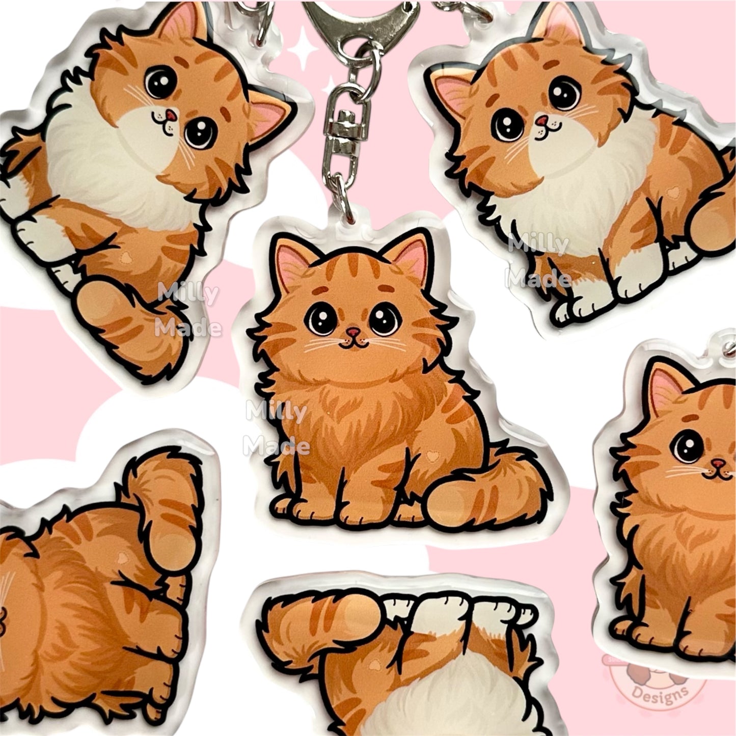 Orange Longhaired Tabby Cat Acrylic Keychain with Epoxy Resin | Easy-Clip, Cute Cat Cartoon, Hand-Drawn Design, Cat Lover Gift