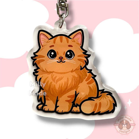 Orange Longhaired Tabby Cat Acrylic Keychain with Epoxy Resin | Easy-Clip, Cute Cat Cartoon, Hand-Drawn Design, Cat Lover Gift