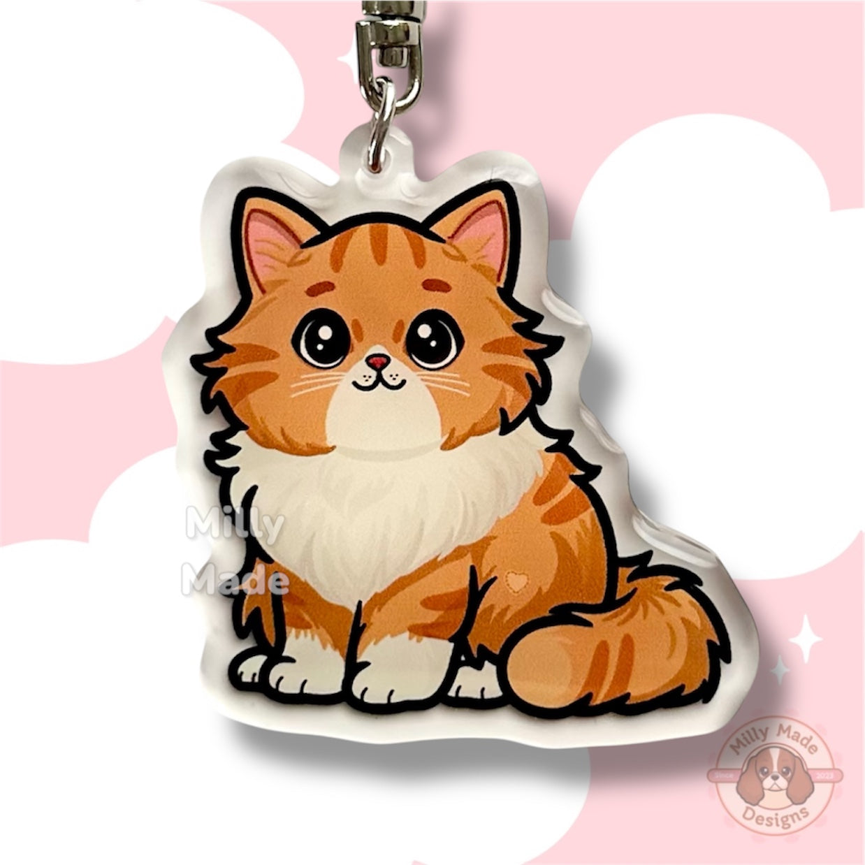Orange Longhaired Tabby Cat Acrylic Keychain with Epoxy Resin | Easy-Clip, Cute Cat Cartoon, Hand-Drawn Design, Cat Lover Gift