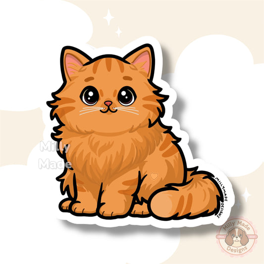 Orange Longhaired Tabby Cat Sticker | Cute Cartoon Vinyl Decal | Durable | For Laptops, Journals | Cat Lover Gift