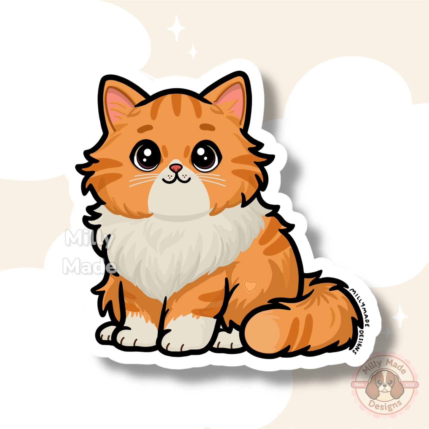 Orange Longhaired Tabby Cat Sticker | Cute Cartoon Vinyl Decal | Durable | For Laptops, Journals | Cat Lover Gift