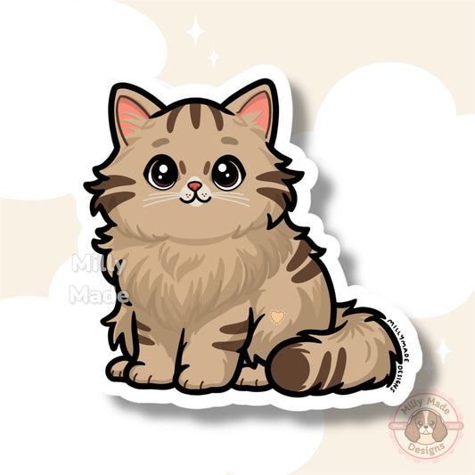 Brown Longhaired Tabby Cat Sticker | Cute Cartoon Vinyl Decal | Durable | For Laptops, Journals | Cat Lover Gift