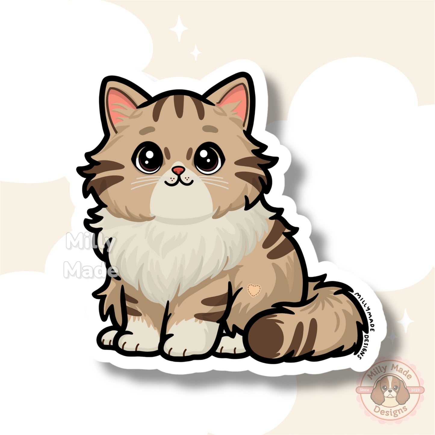 Brown Longhaired Tabby Cat Sticker | Cute Cartoon Vinyl Decal | Durable | For Laptops, Journals | Cat Lover Gift
