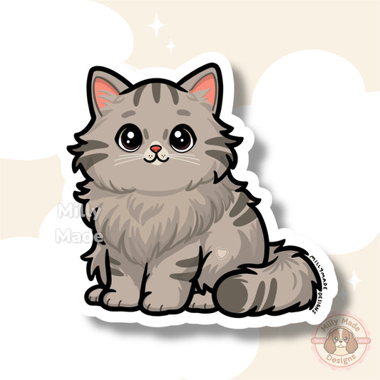 Gray Silver Longhaired Tabby Cat Sticker | Cute Cartoon Vinyl Decal | Durable | For Laptops, Journals | Cat Lover Gift
