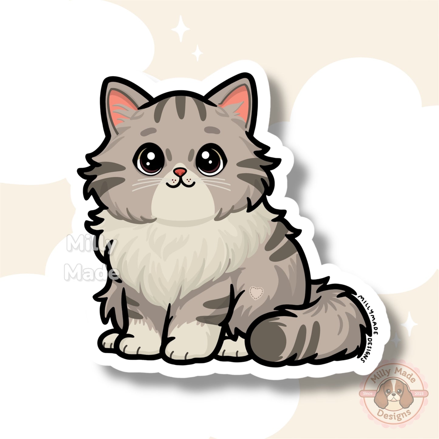 Gray Silver Longhaired Tabby Cat Sticker | Cute Cartoon Vinyl Decal | Durable | For Laptops, Journals | Cat Lover Gift