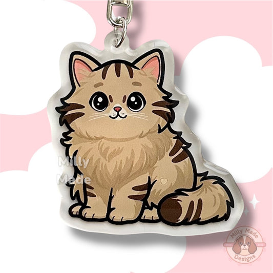 Brown Longhaired Tabby Cat Acrylic Keychain with Epoxy Resin | Easy-Clip, Cute Cat Cartoon, Hand-Drawn Design, Cat Lover Gift