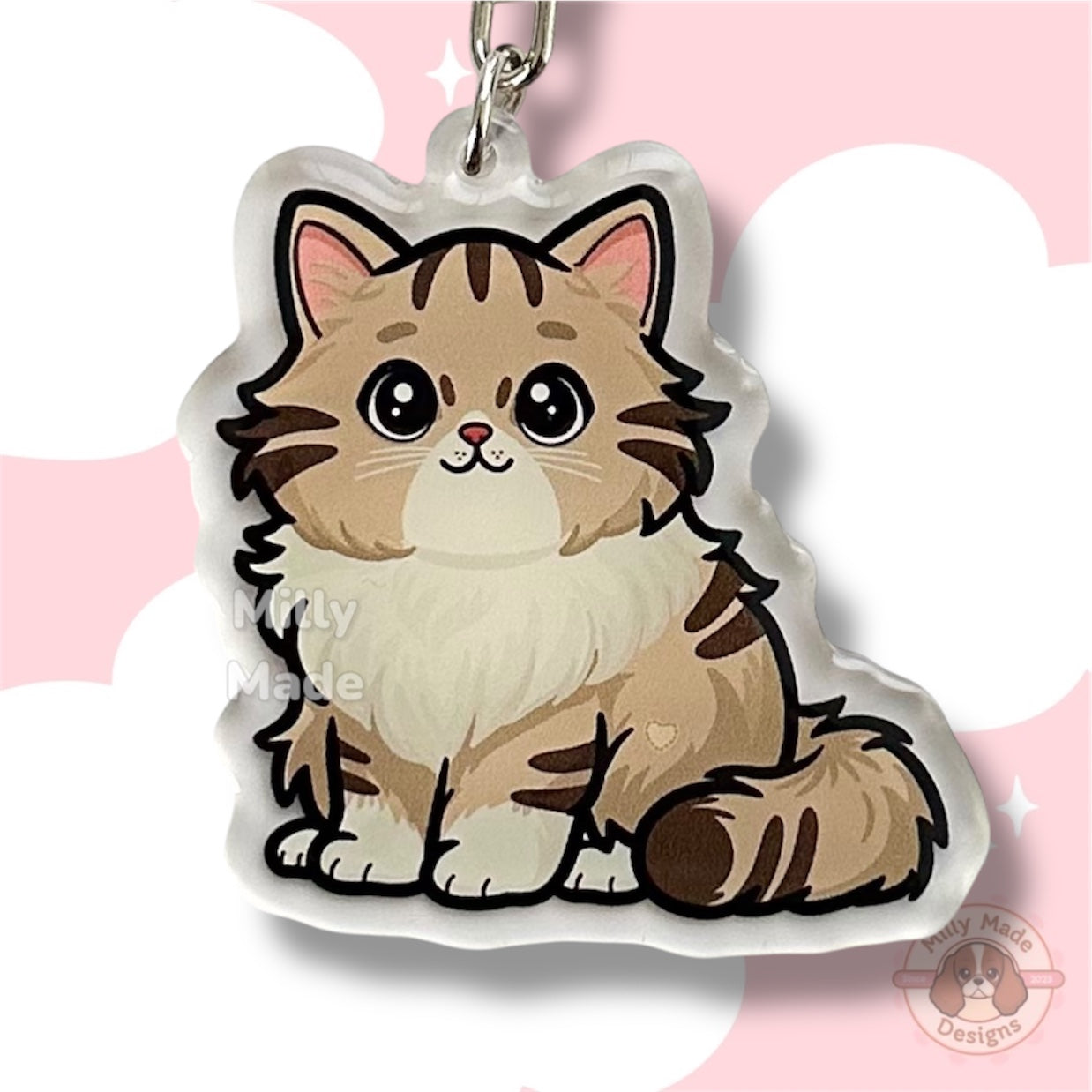 Brown Longhaired Tabby Cat Acrylic Keychain with Epoxy Resin | Easy-Clip, Cute Cat Cartoon, Hand-Drawn Design, Cat Lover Gift