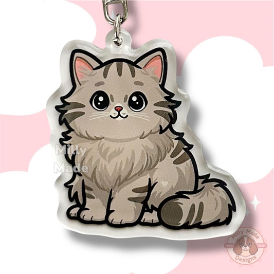 Gray Silver Longhaired Tabby Cat Acrylic Keychain with Epoxy Resin | Easy-Clip, Cute Cat Cartoon, Hand-Drawn Design, Cat Lover Gift