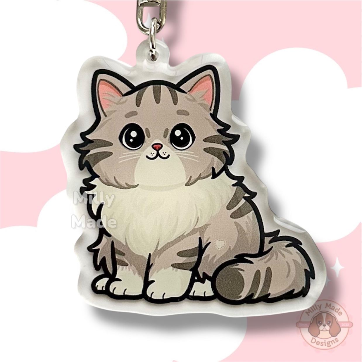 Gray Silver Longhaired Tabby Cat Acrylic Keychain with Epoxy Resin | Easy-Clip, Cute Cat Cartoon, Hand-Drawn Design, Cat Lover Gift