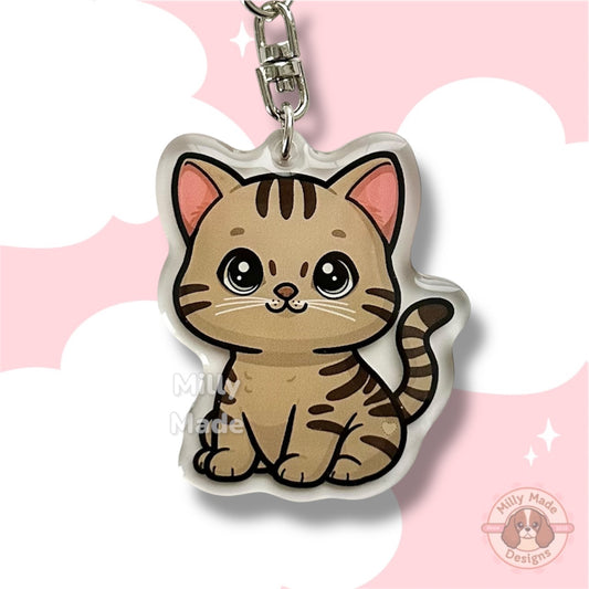 Brown Shorthaired Tabby Cat Acrylic Keychain with Epoxy Resin | Easy-Clip, Cute Cat Cartoon, Hand-Drawn Design, Cat Lover Gift