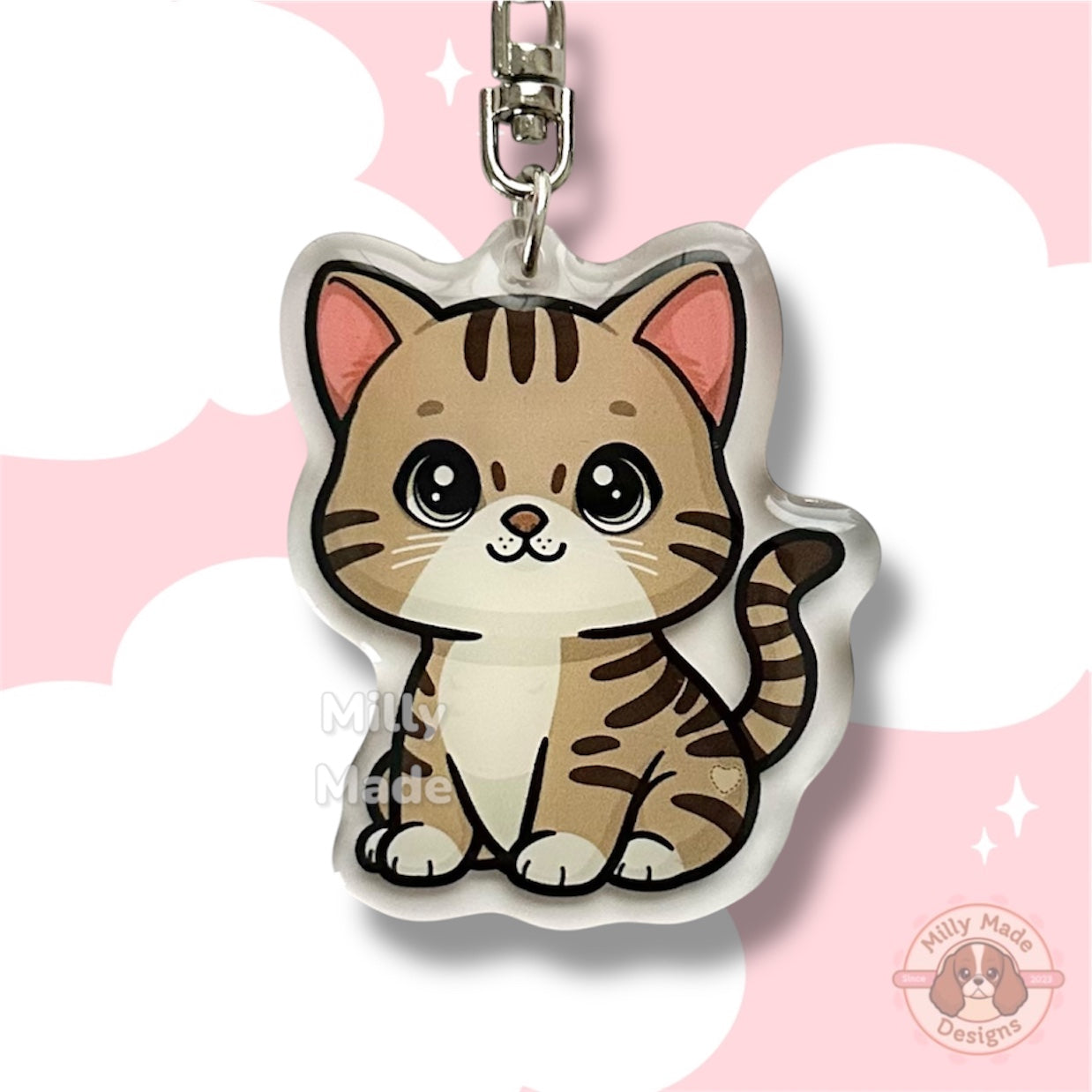 Brown Shorthaired Tabby Cat Acrylic Keychain with Epoxy Resin | Easy-Clip, Cute Cat Cartoon, Hand-Drawn Design, Cat Lover Gift