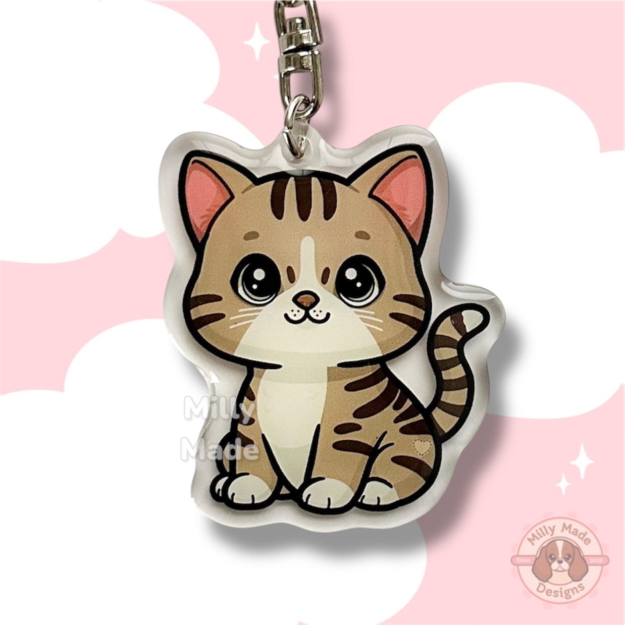Brown Shorthaired Tabby Cat Acrylic Keychain with Epoxy Resin | Easy-Clip, Cute Cat Cartoon, Hand-Drawn Design, Cat Lover Gift