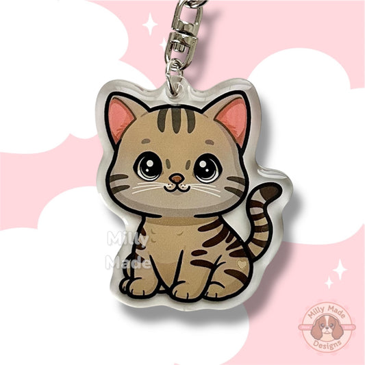 Brown Gray Shorthaired Tabby Cat Acrylic Keychain with Epoxy Resin | Easy-Clip, Cute Cat Cartoon, Hand-Drawn Design, Cat Lover Gift