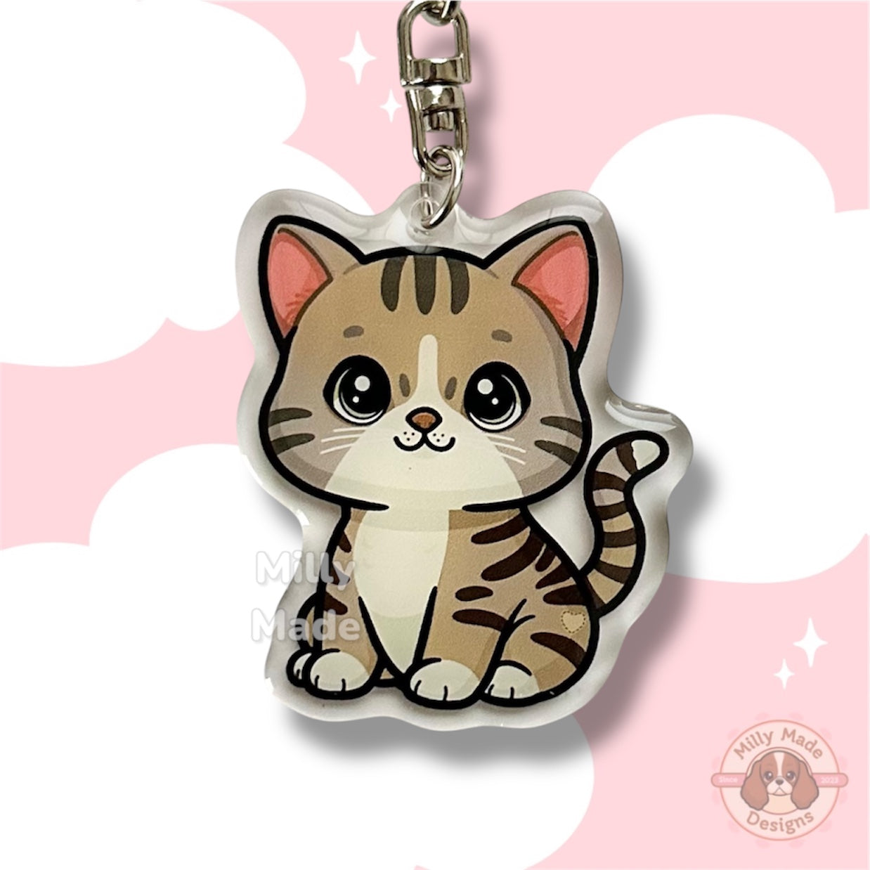 Brown Gray Shorthaired Tabby Cat Acrylic Keychain with Epoxy Resin | Easy-Clip, Cute Cat Cartoon, Hand-Drawn Design, Cat Lover Gift