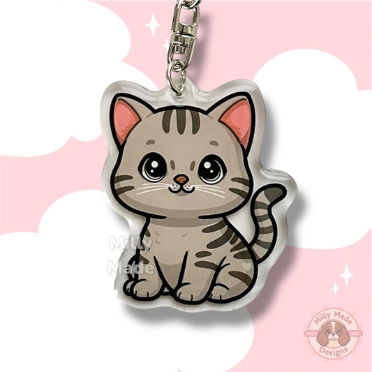 Light Gray Silver Shorthaired Tabby Cat Acrylic Keychain with Epoxy Resin | Easy-Clip, Cute Cat Cartoon, Hand-Drawn Design, Cat Lover Gift