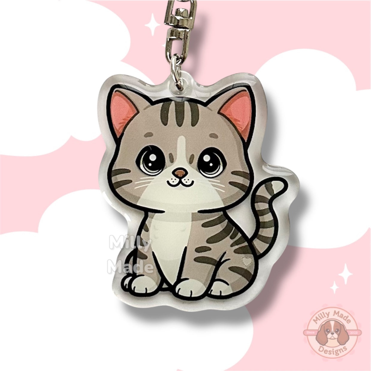 Light Gray Silver Shorthaired Tabby Cat Acrylic Keychain with Epoxy Resin | Easy-Clip, Cute Cat Cartoon, Hand-Drawn Design, Cat Lover Gift
