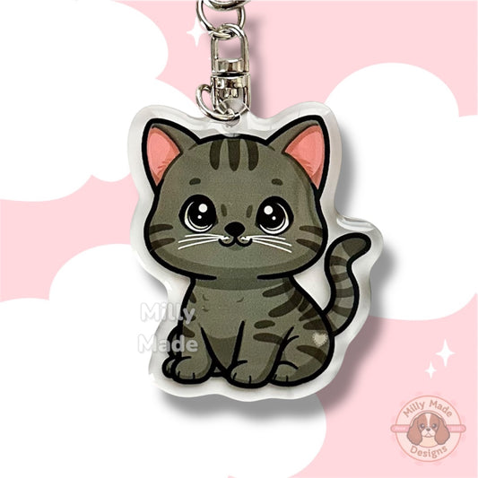 Dark Smoky Gray Shorthaired Tabby Cat Acrylic Keychain with Epoxy Resin | Easy-Clip, Cute Cat Cartoon, Hand-Drawn Design, Cat Lover Gift