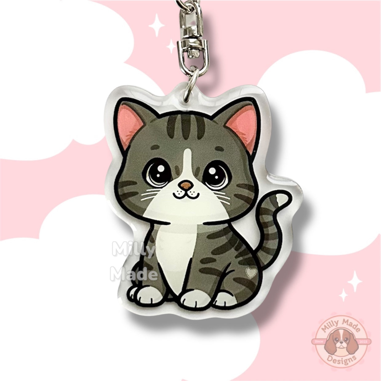 Dark Smoky Gray Shorthaired Tabby Cat Acrylic Keychain with Epoxy Resin | Easy-Clip, Cute Cat Cartoon, Hand-Drawn Design, Cat Lover Gift