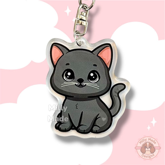 Gray Shorthaired Cat Acrylic Keychain with Epoxy Resin | Easy-Clip, Cute Cat Cartoon, Hand-Drawn Design, Cat Lover Gift