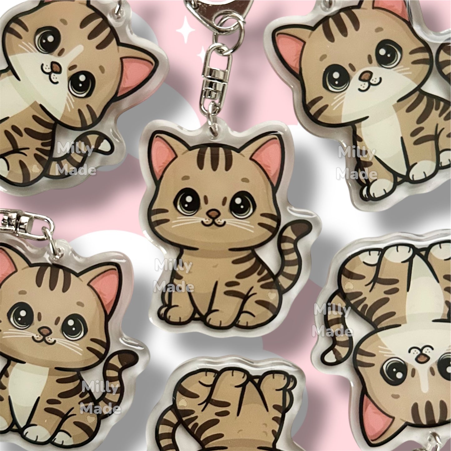 Brown Shorthaired Tabby Cat Acrylic Keychain with Epoxy Resin | Easy-Clip, Cute Cat Cartoon, Hand-Drawn Design, Cat Lover Gift