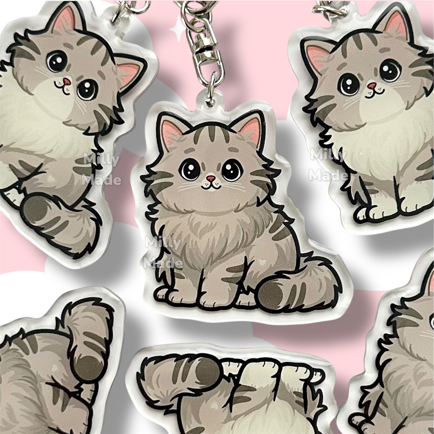 Gray Silver Longhaired Tabby Cat Acrylic Keychain with Epoxy Resin | Easy-Clip, Cute Cat Cartoon, Hand-Drawn Design, Cat Lover Gift