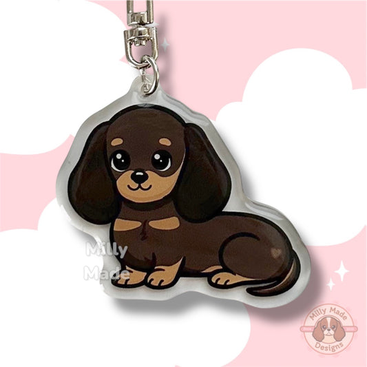 Chocolate and Tan Dachshund Shorthaired Doxie Acrylic Dog Keychain with Epoxy Resin | Easy-Clip, Cute Dog Cartoon, Hand-Drawn Design, Dog Lover Gift